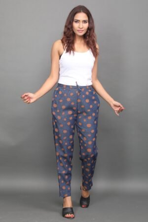 Blue Pre-Washed Denim Discharge Print Pants – Half Elastic