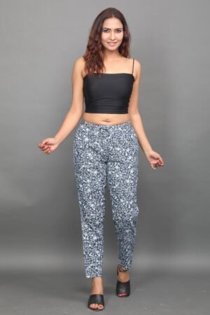 Blue Floral Pre-Washed Denim Discharge Print Pants – Half Elastic