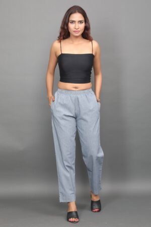 Blue Pre-Washed Denim Striped Pants – Full Elastic Comfort