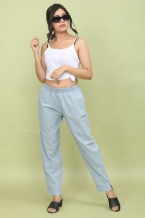 Ice Blue Pre-Washed Denim Striped Pants – Full Elastic Comfort