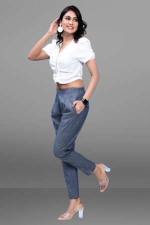 Blue Pre-Washed Denim Linen Pleated Front Pants – Half Elastic