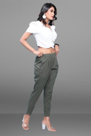 Green Pre-Washed Denim Linen Pleated Front Pants – Half Elastic