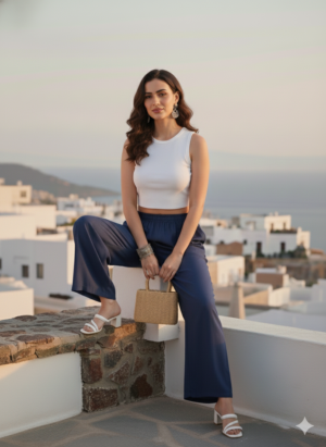 Blue Shiny Tencel Denim Palazzos- Full Elastic