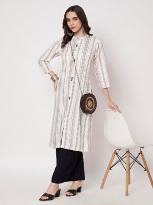 White & Black Striped Pure Cotton Kurta with Placket Detail