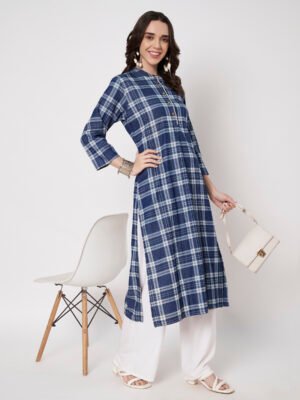 Blue Checkered Soft Denim Kurta with Mandarin Collar