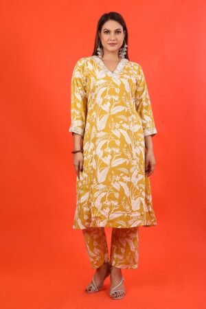 Yellow Floral Print Rayon Kurta Pant Set