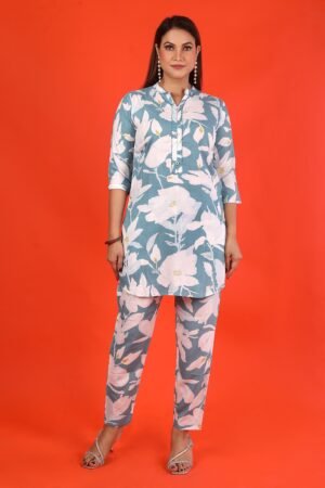 Sky Blue Floral Print Rayon Co-ord Set