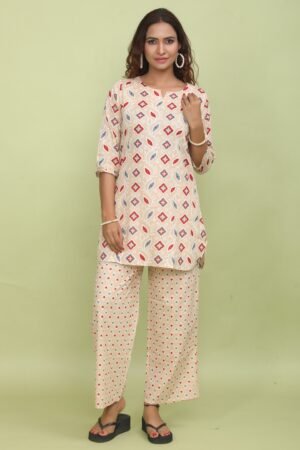 Cream Printed Cotton Night Suit Set