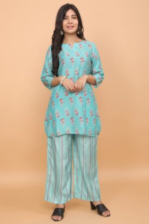 Turquoise Floral & Stripe Print Cotton Night Suit Set