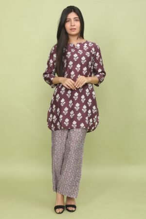 Wine Floral & Geometric Print Cotton Night Suit Set